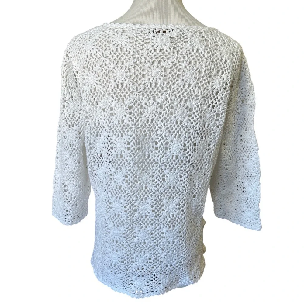 Coldwater Creek White Crochet Floral 3/4 Sleeve Boat Neck‎ Top PM Cottagecore